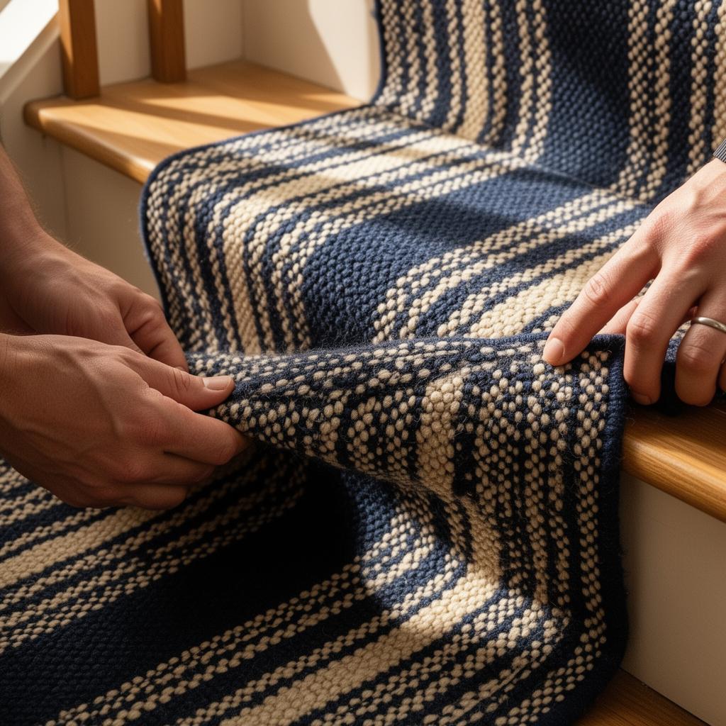 Hands inspecting a navy and cream wool stair runner